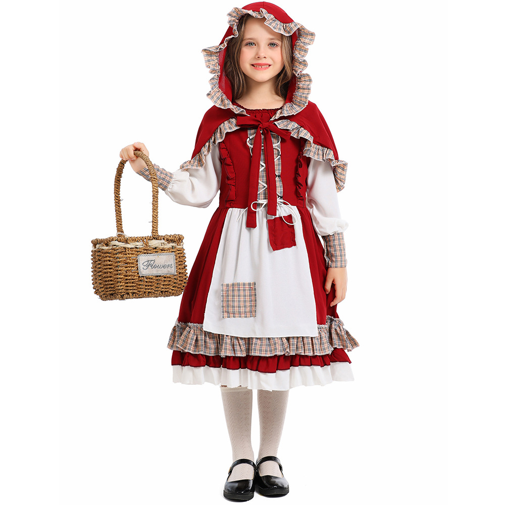 万圣节儿童小红帽cosplay服装童话故事角色扮演服补丁连衣裙披肩