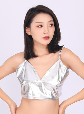 女士金色漆皮文胸亮面仿皮吊带胸衣性感V领低胸小背心夜店表演服