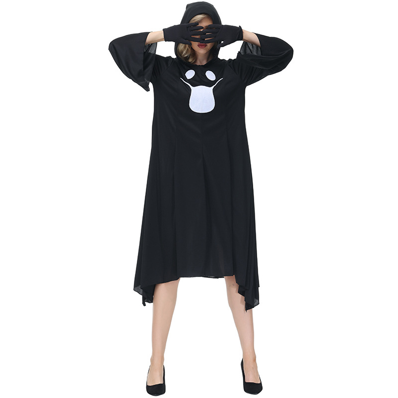 万圣节女款幽灵cosplay连帽长袍鬼怪角色扮演服装黑色连衣裙手套