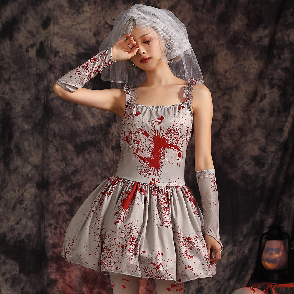 万圣节僵尸鬼新娘cosplay婚纱连衣裙头饰丧尸扮演服装血迹蓬蓬裙