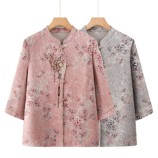 新中式奶奶夏季七分袖印花衬衫老年女装上衣开衫洋气妈妈夏天宽松