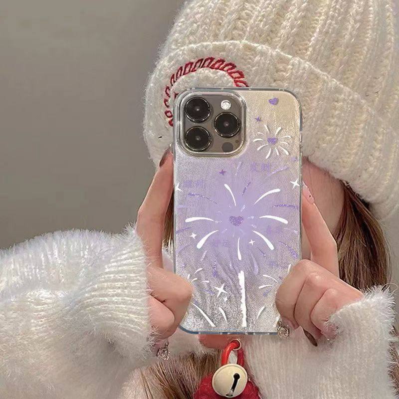紫色爱心烟花iPhone17ProMax羽纱手机壳13/14plus华为16/15Pro小米红米7/8不撞款11/12荣耀x/xs/xr防摔保护套