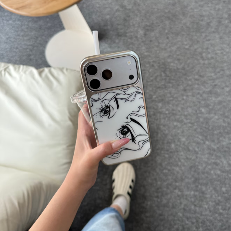 线条漫画少女iPhone17ProMax电镀水凝手机壳13/14plus轻奢16/15Pro高级感11情侣12pro博主同款x/xs防摔保护套