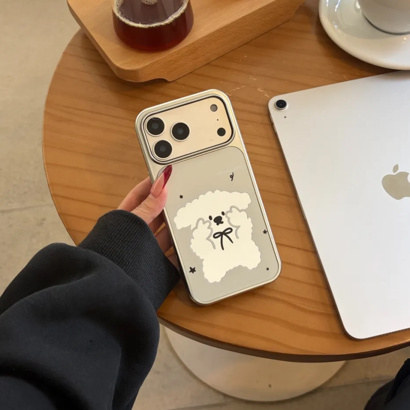 奶油比耶小狗iPhone17ProMax电镀手机壳13/14plus轻奢镜面16/15Pro高级感11情侣12pro博主同款x/xs防摔保护套