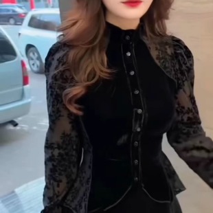 2025冬季新款加厚优雅丝绒立领长袖衬衫女高级排扣收腰精致感上衣