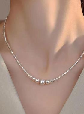 S999足银碎银子珍珠项链简约ins法式高级轻奢女友情人节闺蜜礼物