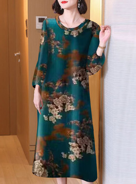 婆婆外穿时尚印花长袖中老年春秋妈妈大码新款薄款洋气连衣裙