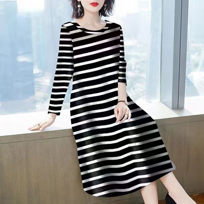 100%长袖连衣裙女冬中老年妈妈装春秋新款大码宽松遮肚时尚中长裙