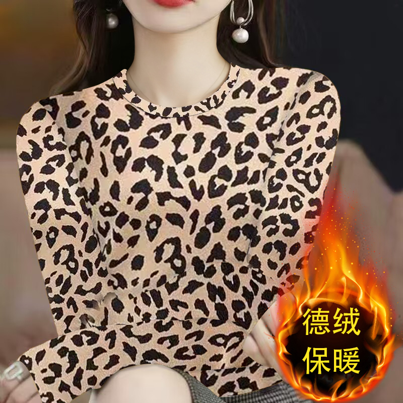 加厚双面德绒圆领女长袖内搭印花款保暖秋冬修身打底衫胖mmt恤女