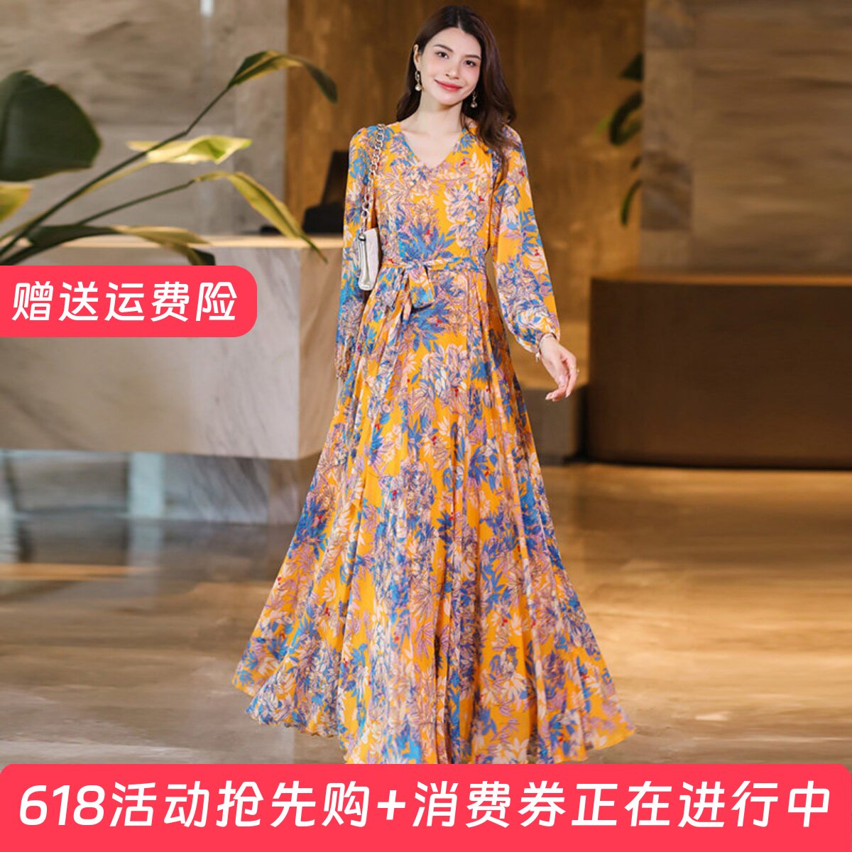 2026年新款春夏季大摆连衣裙收腰显瘦旅游度假长裙雪纺裙沙滩裙子