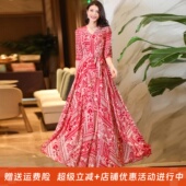 2025年新款 秋冬条纹大摆连衣裙收腰显瘦旅游度假长裙雪纺裙沙滩裙