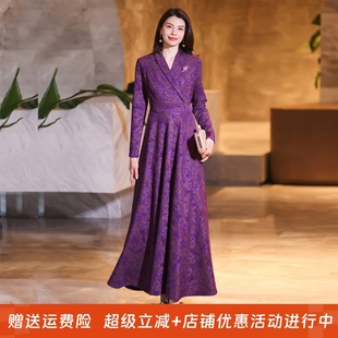 修身 V领纯色大摆连衣裙妈妈款 显瘦小个子长裙子 长袖 2025秋冬新款