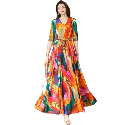 2026年春夏季V领印花连衣裙收腰显瘦长裙妈妈款短款小个子沙滩裙