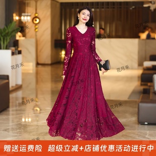 2025年新款春秋冬优雅气质长袖剪花大摆连衣裙长裙雪纺裙沙滩裙子