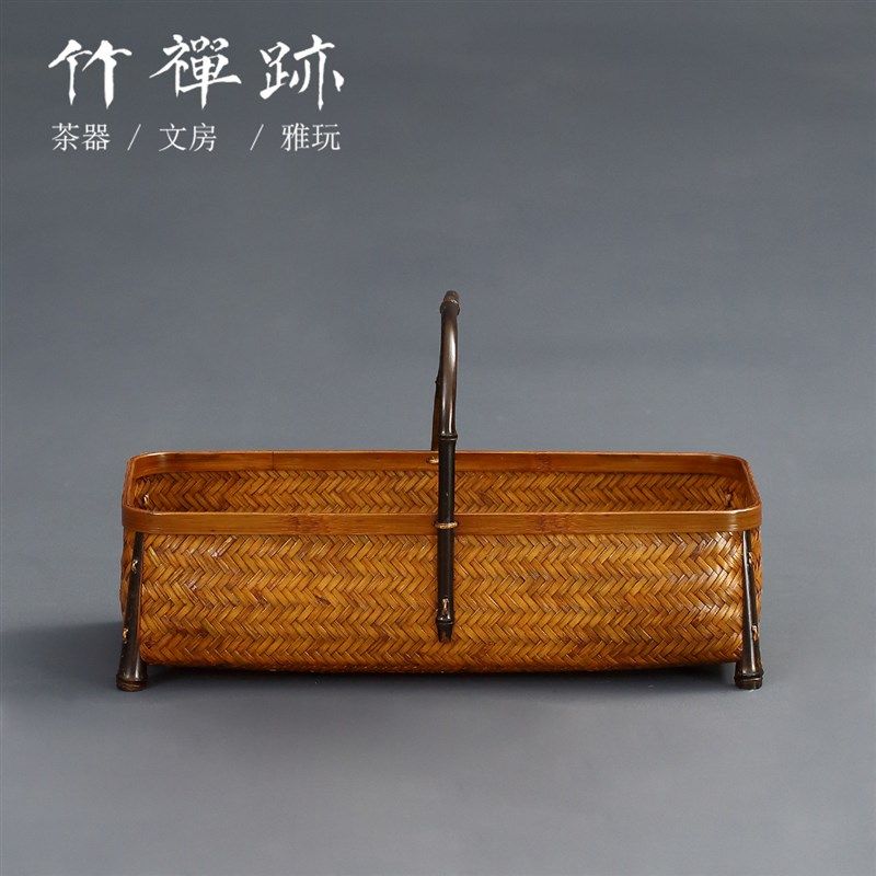 竹禅迹手工竹编手提篮 u复古茶具收纳篮编织家用水果面包筐菜篮