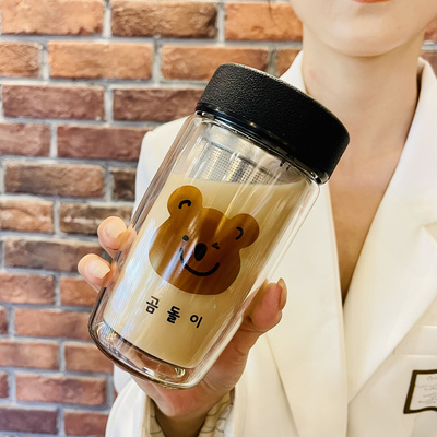 夏季高颜b值水杯女可爱双层玻璃杯便携茶水分离泡茶杯高级感杯子