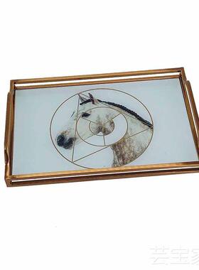 欧式轻奢金c属托盘长方形美式复古家用客厅茶几水杯茶盘玻璃水果