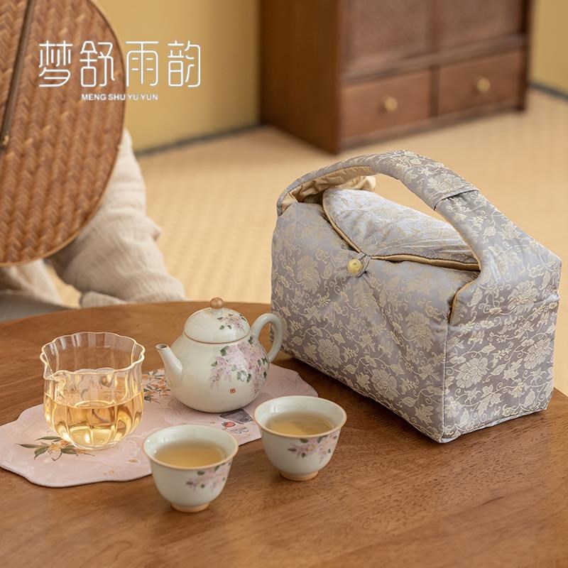 草木灰手绘紫藤花布包一壶两杯功B夫茶具茶壶茶杯便携旅行茶具套