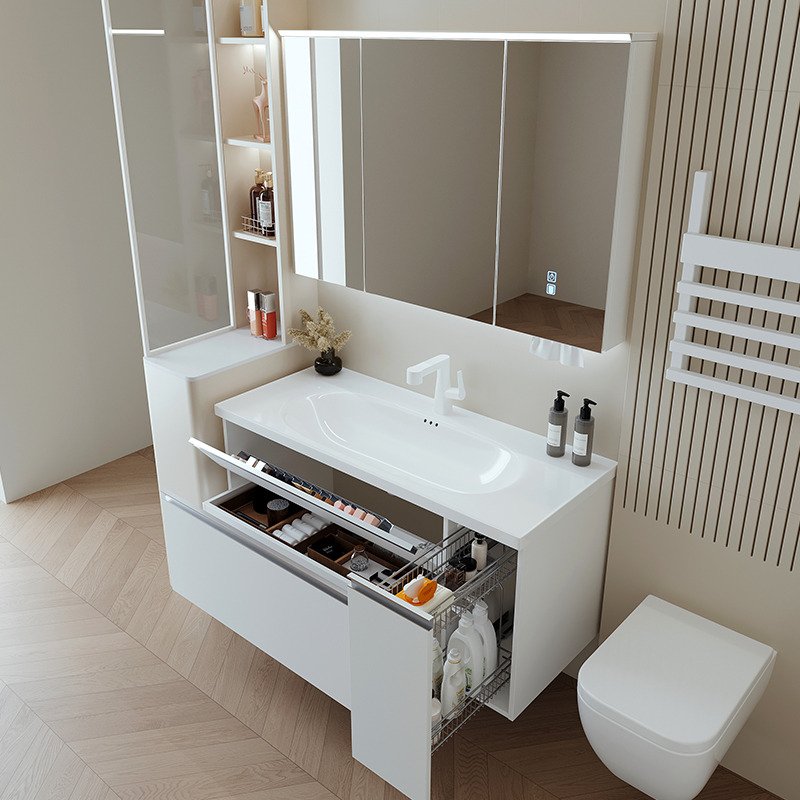 实木陶瓷一体盆奶油风拉篮浴室柜