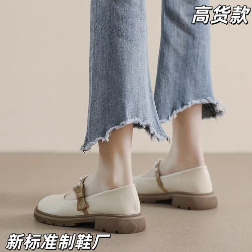 厚底玛丽珍鞋女法式蝴蝶结珍珠软底单鞋浅口圆头粗跟软底大码R48