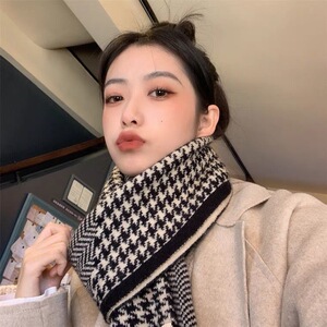 新款韩版经典千鸟格双面围巾女秋冬季保暖时尚针织围脖百搭挡风潮