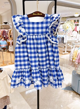 chocolat巧克力韩国童装代购26夏女童纯棉木耳花边无袖格子连衣裙