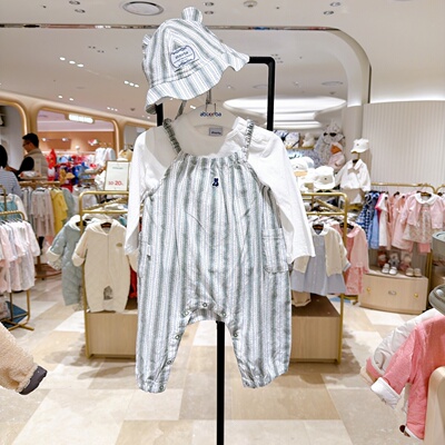 absorba爱之宝韩国代购26春季宝宝T恤吊带竖条纹连体衣套装+帽子