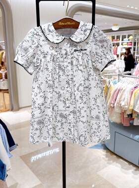 chocolat巧克力韩国童装代购26夏女童碎花纯棉娃娃领泡泡袖连衣裙