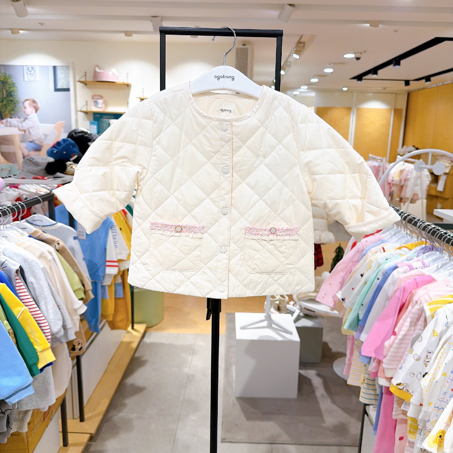 agabang阿卡邦韩国童装代购26春季女童圆领薄棉服格纹外套上衣