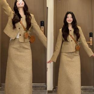 气质穿搭一整套高级感小香风套装 毛呢外套半身裙两件套 2025秋冬季