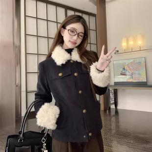 美式复古夹棉加厚外套女冬季新款毛绒拼接设计感修身显瘦短上衣潮