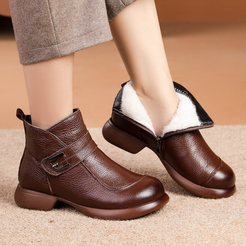 冬季2025女靴真皮保暖羊毛棉鞋中老年平底软底中年妈妈短靴女,女鞋,时装靴,淘宝优惠券,粉丝福利购,淘宝优惠卷