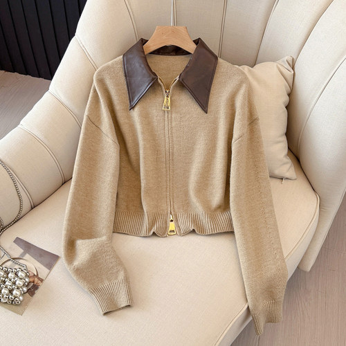 拉夏贝尔皮领拉链针织开衫女毛衣