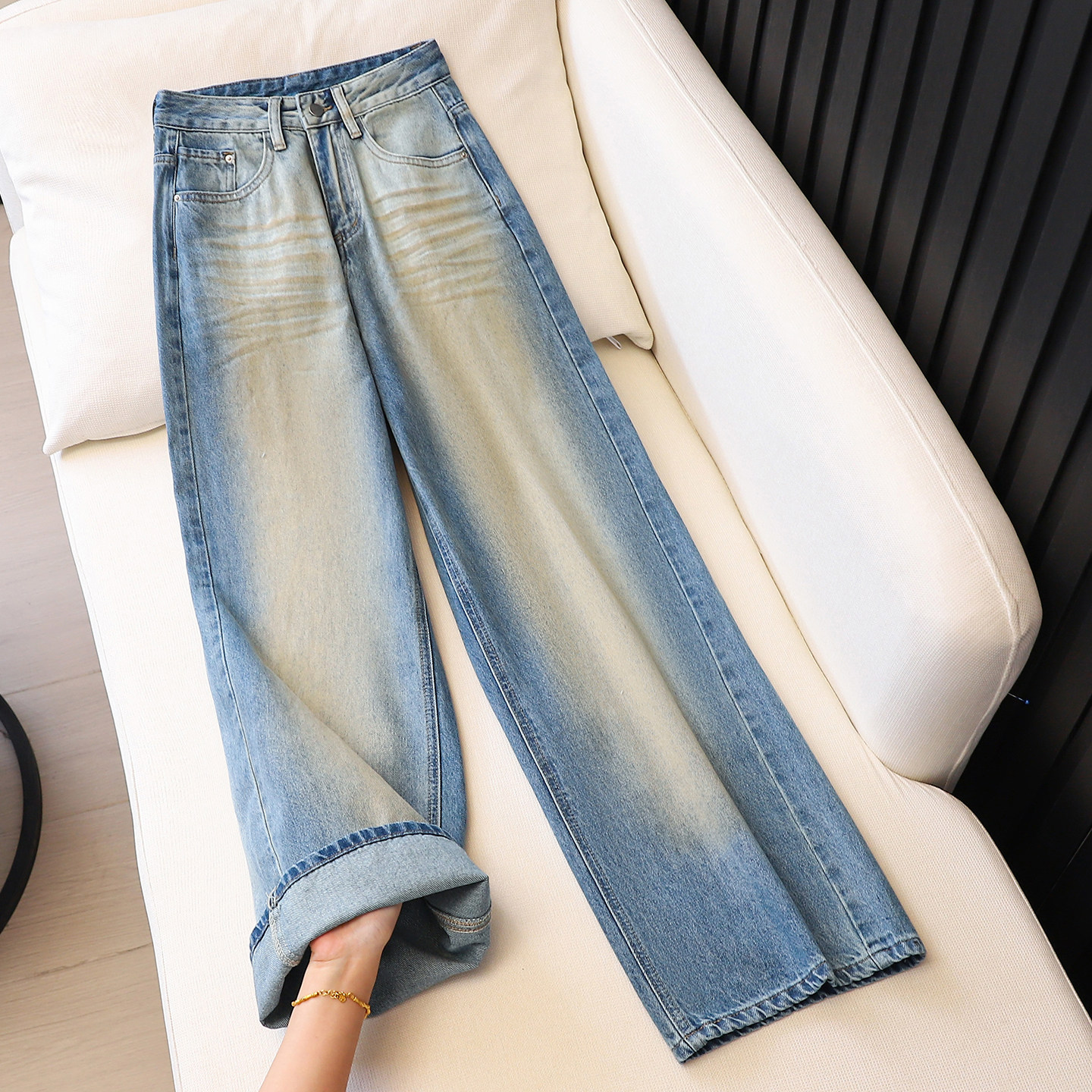 拉夏贝尔蓝色阔腿裤长裤2026春新款高腰显瘦垂感直筒裤休闲牛仔裤,女装/女士精品,牛仔裤,淘宝优惠券,粉丝福利购,淘宝优惠卷