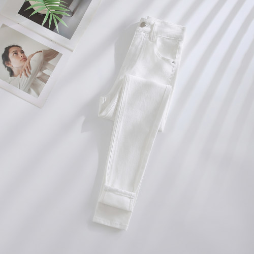 拉夏贝尔白色高腰小脚牛仔裤女