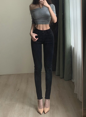 拉夏贝尔黑色小个子小脚牛仔裤女
