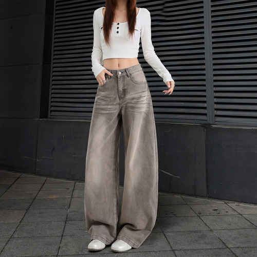 拉夏贝尔美式做旧阔腿牛仔裤女夏