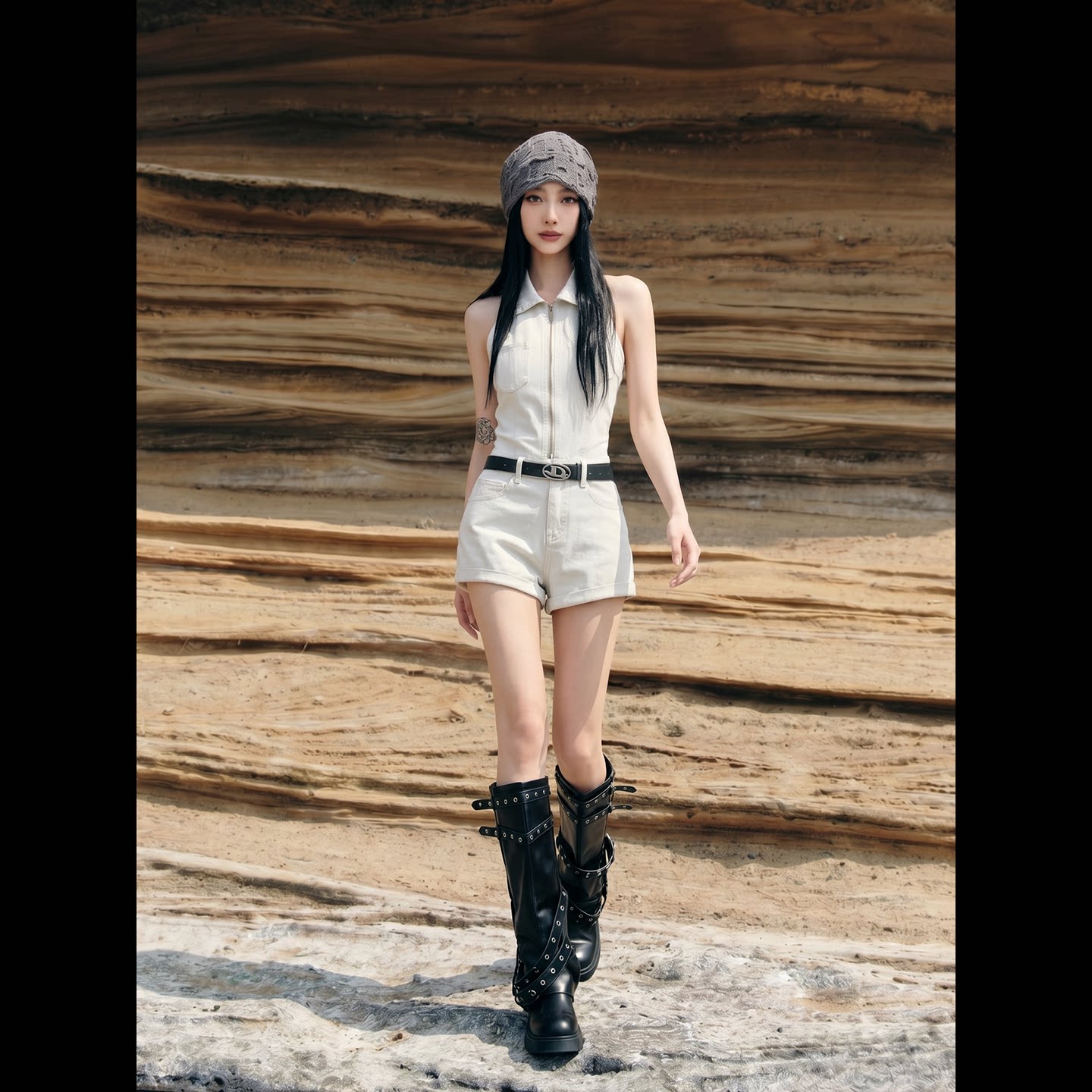 拉夏贝尔灰色高腰连体牛仔短裤女2026年夏季新款修身显瘦时尚百搭