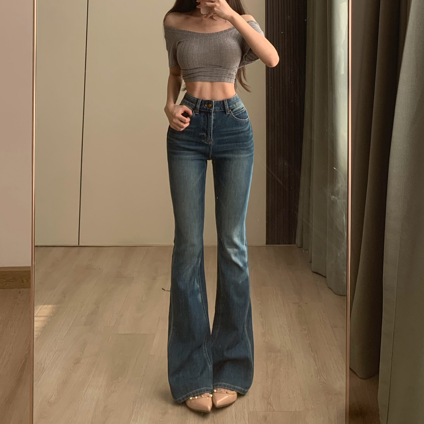 拉夏贝尔蓝绿色高腰牛仔微喇裤女图片