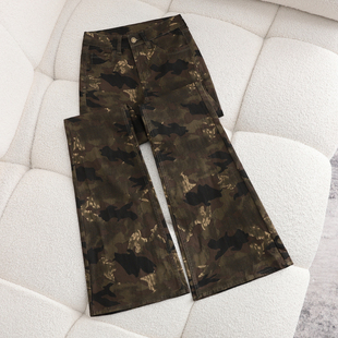 拉夏贝尔美式迷彩微喇牛仔裤女高腰宽松弹力显瘦工装风马蹄长裤