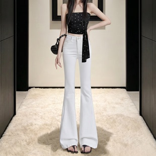 拉夏贝尔复古白色修身弹力微喇牛仔裤女夏2026辣妹高腰显瘦喇叭裤