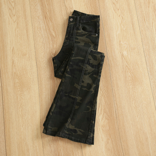 拉夏贝尔迷彩牛仔裤女2025年新款高腰显瘦小个子微喇马蹄喇叭裤子