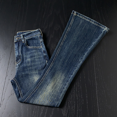 拉夏贝尔深蓝修身显瘦辣妹喇叭裤