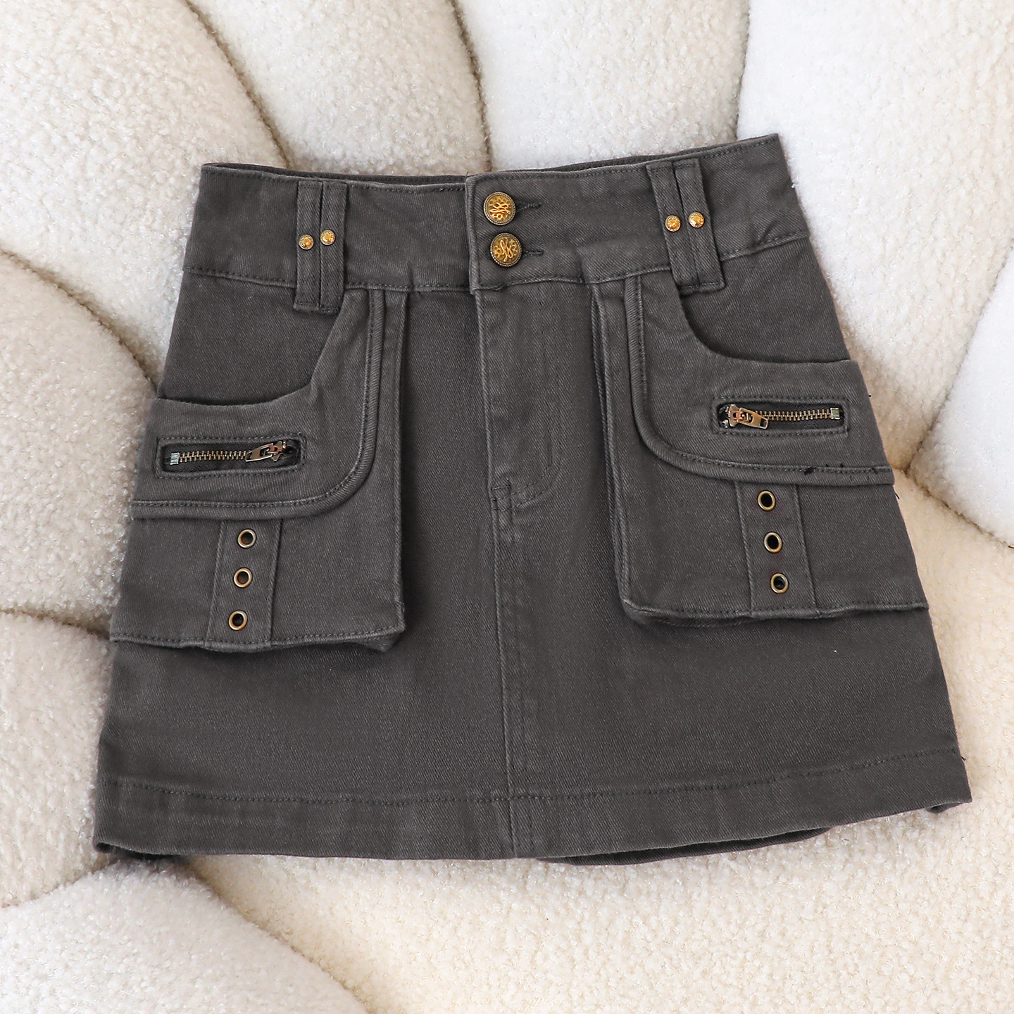 拉夏贝尔灰色牛仔短裙女夏季新款高腰显瘦休闲美式复古工装裙热裤