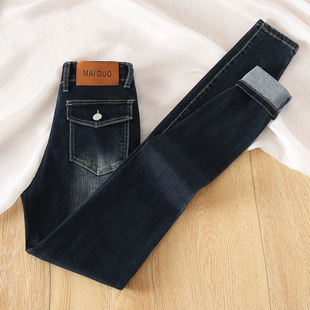 显瘦铅笔裤 高腰修身 女2026春秋新款 拉夏贝尔复古深蓝色小脚牛仔裤