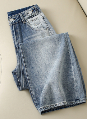 拉夏贝尔美式蓝色阔腿牛仔裤女2026新款春季高腰宽松显瘦弯刀裤子