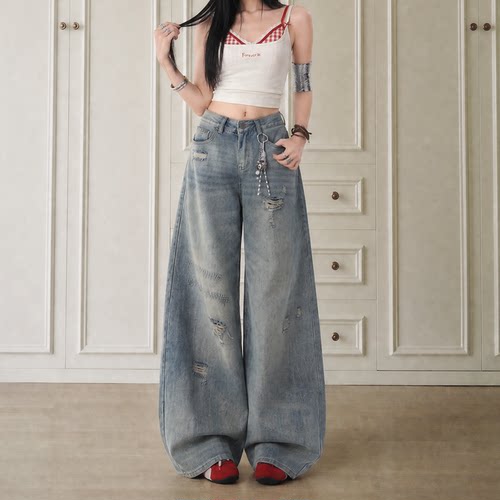 拉夏贝尔蓝色弯刀阔腿牛仔裤女夏