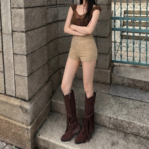 拉夏贝尔卡其色牛仔短裤女夏新款