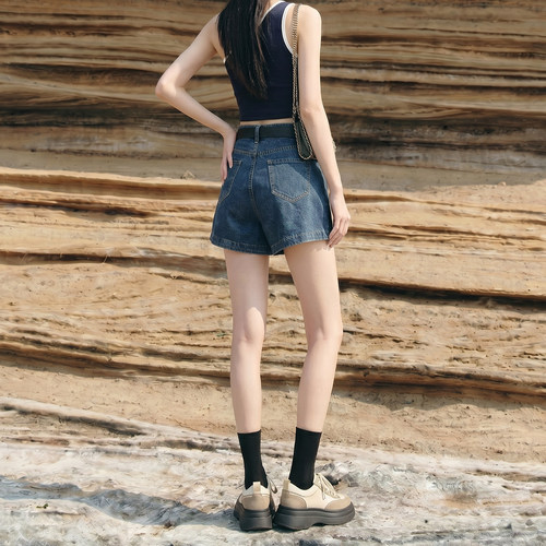 拉夏贝尔复古蓝牛仔短裤女夏薄款