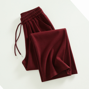 拉夏贝尔酒红色阔腿裤女2025秋季新款高腰宽松显瘦垂感休闲直筒裤